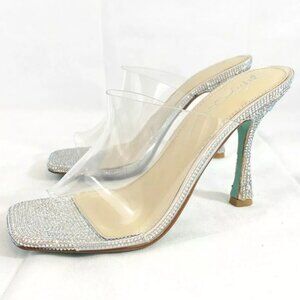 Betsey Johnson Womens Size 6 Penni Clear‎ Rhinestone Encrusted Mules Heels Shoes